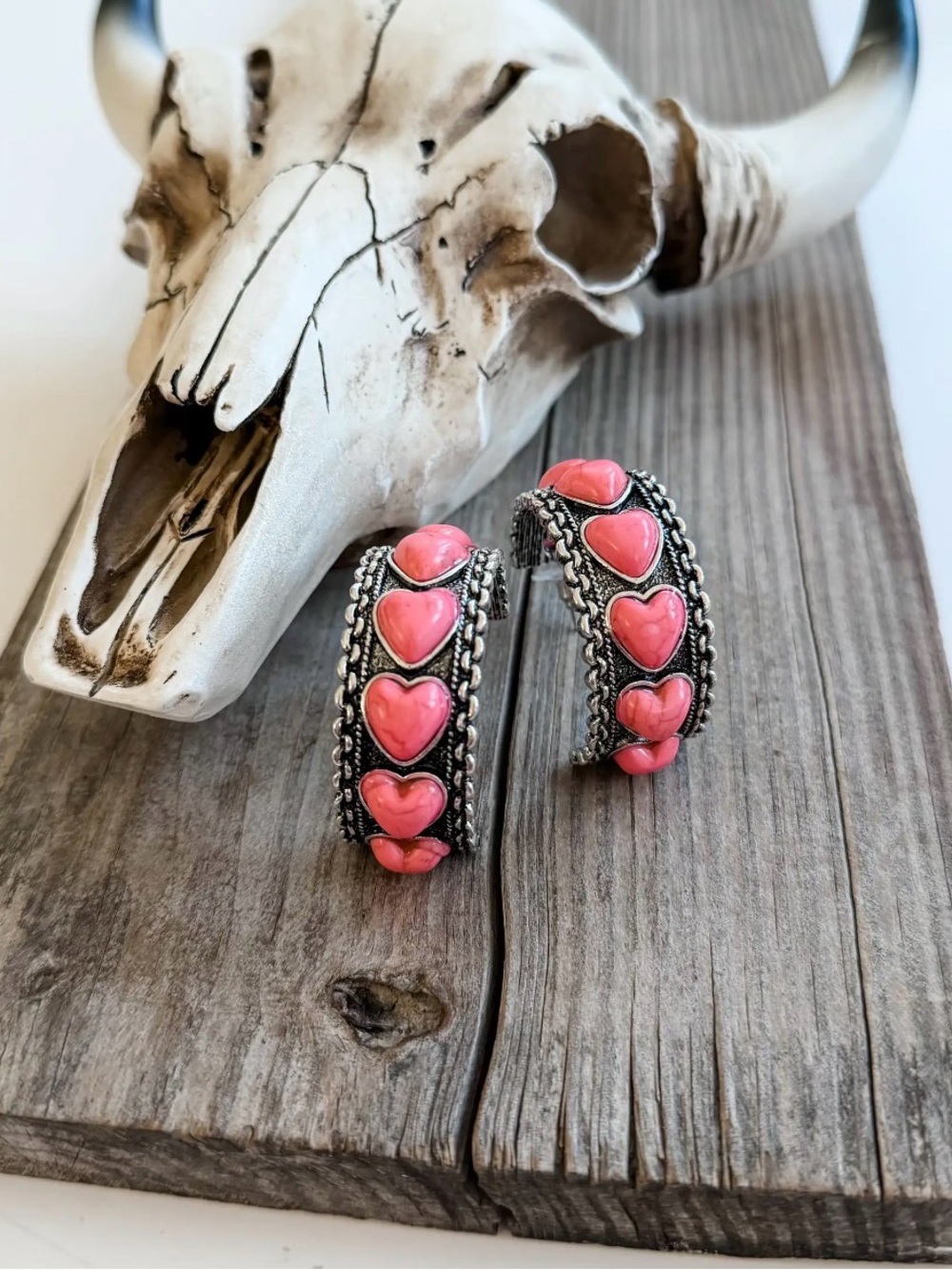 Peach pink heart western turquoise boho stone Crystal rhinestone earrings